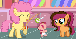 Size: 3628x1888 | Tagged: safe, artist:pastelnightyt, li'l cheese, oc, oc:cheesecake pie, oc:strawberry chocolate, pony, g4, ^^, baby, baby pony, base used, candy, eyes closed, female, filly, fishing rod, foal, food, lollipop, offspring, parent:cheese sandwich, parent:pinkie pie, parents:cheesepie