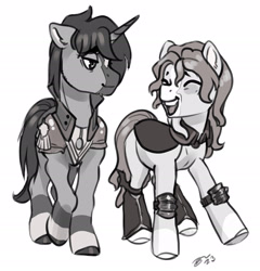 Size: 2514x2622 | Tagged: safe, artist:opalacorn, oc, oc only, pony, duo, eyes closed, grayscale, high res, looking at each other, looking at someone, monochrome, open mouth, open smile, simple background, smiling, white background