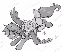 Size: 3048x2549 | Tagged: safe, artist:opalacorn, oc, oc only, bug pony, insect, pegasus, pony, duo, flying, grayscale, high res, monochrome, ponies riding ponies, riding, simple background, spread wings, white background, wings