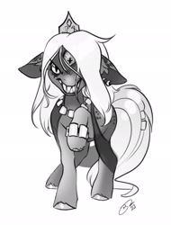 Size: 1559x2047 | Tagged: safe, artist:opalacorn, oc, oc only, oc:ferelith, kelpie, pony, female, floppy ears, grayscale, mare, monochrome, multiple eyes, sharp teeth, simple background, solo, teeth, unusual pupils, white background