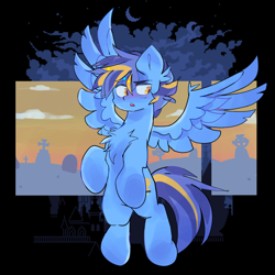 Size: 2048x2048 | Tagged: safe, artist:madiwann, oc, oc only, oc:shining trophy, pegasus, pony, blue mane, gothic, high res, male, night, open mouth, solo, spread wings, stallion, wings, yellow eyes