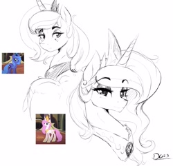 Size: 3316x3195 | Tagged: safe, artist:thelunarmoon, princess celestia, princess luna, alicorn, pony, g4, bust, duo, duo female, eyebrows, eyebrows visible through hair, female, high res, looking at you, mare, pink-mane celestia, royal sisters, s1 luna, screencap reference, siblings, signature, simple background, sisters, smiling, smiling at you, white background