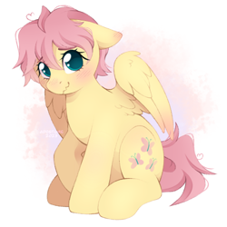 Size: 2048x2048 | Tagged: safe, artist:adostume, fluttershy, pegasus, pony, g4, ahoge, alternate hairstyle, blushing, cute, ear blush, eyebrows, eyebrows visible through hair, female, floppy ears, high res, looking at you, mare, partially open wings, short hair, short mane, shy, shyabetes, signature, simple background, sitting, slight blush, smiling, smiling at you, solo, wavy mouth, wings