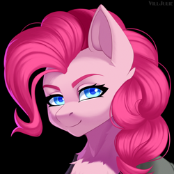 Size: 1024x1024 | Tagged: safe, artist:villjulie, pinkie pie, earth pony, pony, g4, black background, bust, female, mare, mlp-rd, portrait, signature, simple background, smiling, solo