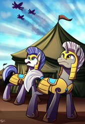 Size: 2275x3325 | Tagged: safe, artist:littletigressda, earth pony, pegasus, pony, unicorn, armor, helmet, high res, hoof shoes, male, royal guard, royal guard armor, stallion, tent, unnamed character, unnamed pony