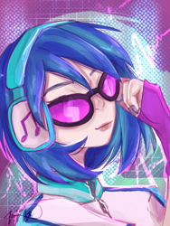 Size: 1620x2160 | Tagged: safe, artist:aliennella, dj pon-3, vinyl scratch, human, equestria girls, g4, abstract background, bust, female, portrait, signature, smiling, solo