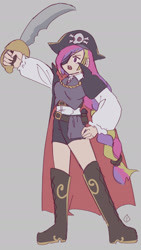 Size: 1080x1920 | Tagged: safe, artist:metaruscarlet, princess cadance, human, g4, alternate hairstyle, alternate universe, belt, cape, clothes, cutlass, eyepatch, female, gray background, hat, high heels, humanized, open mouth, pirate, pirate hat, shirt, shoes, shorts, simple background, solo, sword, weapon