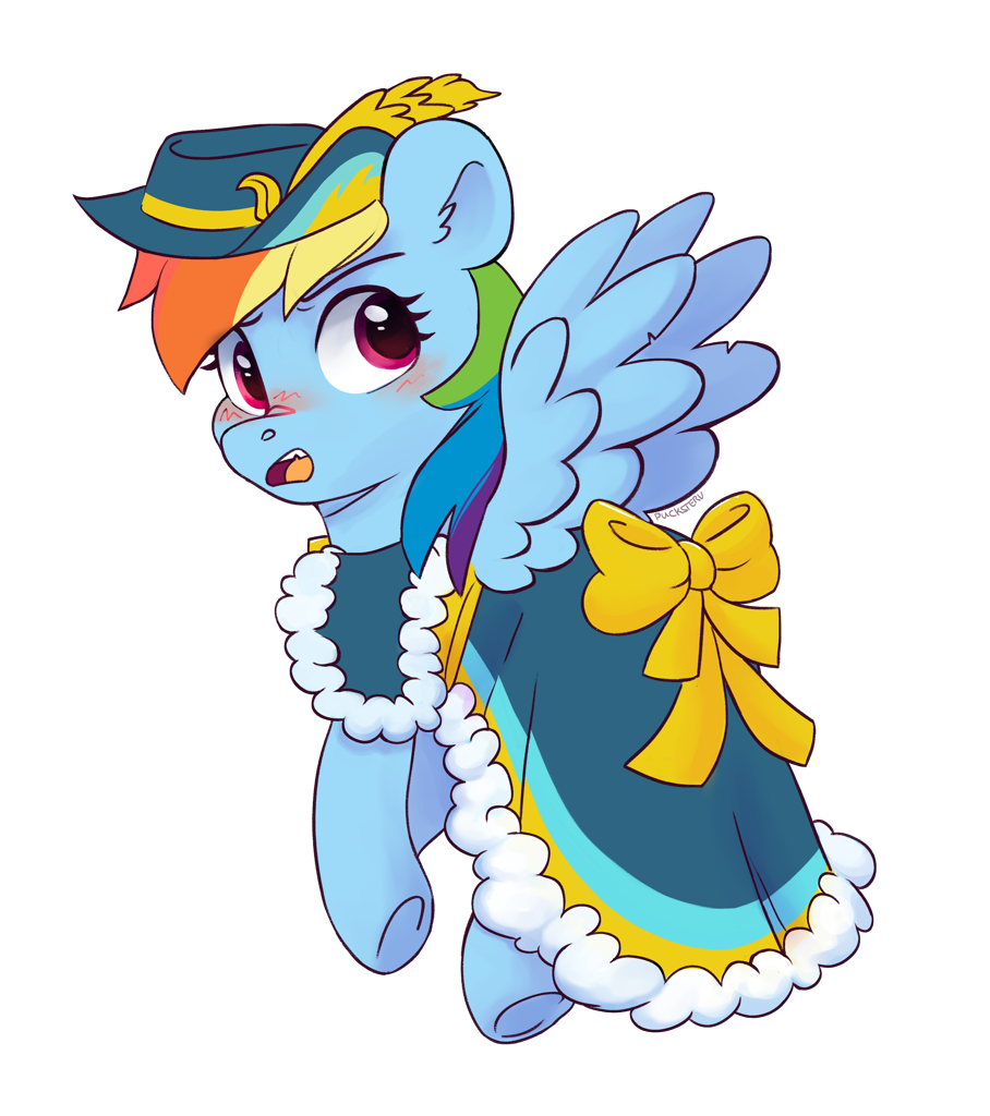 [blushing,clothes,commission,dress,female,hat,looking at you,looking back,mare,open mouth,pegasus,pony,rainbow dash,rainbow dash always dresses in style,safe,simple background,solo,transparent background,wings,coronation dress,looking back at you,spread wings,artist:pucksterv]