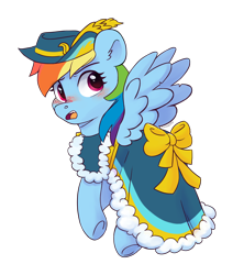 Size: 3324x3750 | Tagged: safe, artist:pucksterv, rainbow dash, pegasus, pony, g4, blushing, clothes, commission, coronation dress, dress, female, hat, high res, looking at you, looking back, looking back at you, mare, open mouth, rainbow dash always dresses in style, simple background, solo, spread wings, transparent background, wings