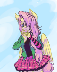 Size: 2026x2558 | Tagged: safe, artist:kovoranu, fluttershy, pegasus, anthro, dtiys emoflat, g4, choker, clothes, cute, draw this in your style, equine, evening gloves, female, fingerless elbow gloves, fingerless gloves, gloves, hair over one eye, hands together, high res, long gloves, long hair, plaid skirt, skirt, smiling, solo, spiked choker, striped gloves