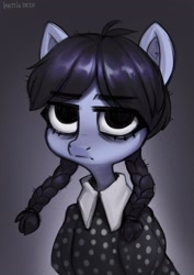 Size: 1448x2048 | Tagged: safe, artist:hattiezazu, earth pony, pony, bags under eyes, bangs, braid, clothes, gray background, lidded eyes, looking at you, simple background, solo, unamused, wednesday addams