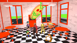 Size: 1192x671 | Tagged: safe, artist:smg4, juniper montage, human, equestria girls, g4, 3d, cameo, engineer, engineer (tf2), gmod, luigi doll, monty mole, pizza face (pizza tower), pizza tower, smg4, super mario bros., team fortress 2
