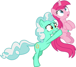 Size: 1024x905 | Tagged: safe, lyra heartstrings, pinkie pie, earth pony, pony, unicorn, g4, confused, cutie mark swap, eye swap, implied body swap, nervous, palette swap, recolor, simple background, transparent background