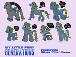 Size: 4624x3468 | Tagged: artist needed, safe, oc, oc only, oc:oliver green, pegasus, pony, g1, g2, g3, g3.5, g4, g4.5, g5, folded wings, g1 to g5, generation leap, logo, male, stallion, star trek: generations, style comparison, style emulation, wings
