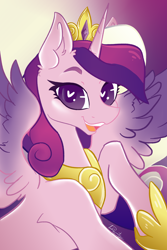 Size: 2000x3000 | Tagged: safe, artist:dankpegasista, derpibooru exclusive, princess cadance, alicorn, pony, g4, :d, abstract background, bust, clothes, collar, colored lineart, colored pupils, colored wings, crown, curly mane, digital art, ear fluff, eyebrows, eyelashes, feathered wings, female, gem, gold, gradient background, gradient hair, gradient wings, half body, happy, heart, heart eyes, high res, highlights, hoof shoes, jewelry, krita, looking at you, mare, multicolored hair, multicolored mane, open mouth, open smile, pink coat, portrait, purple eyes, purple wings, raised hoof, regalia, royalty, shading, shiny mane, shiny skin, shoes, signature, smiling, smiling at you, solo, spread wings, teeth, waist up, wall of tags, wingding eyes, wings