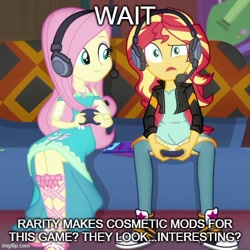 Size: 500x500 | Tagged: safe, edit, edited screencap, screencap, fluttershy, sunset shimmer, human, equestria girls, g4, caption, controller, converse, duo, gamer sunset, gamershy, headset, headset mic, image macro, implied rarity, meme, out of context, shoes, sneakers, text, video game