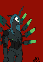 Size: 700x1000 | Tagged: safe, queen chrysalis, gynoid, robot, anthro, g4, female, red background, simple background, solo, ultrakill, v1 (ultrakill), video game