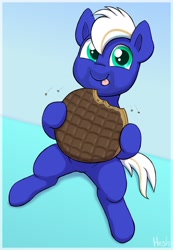 Size: 1480x2136 | Tagged: safe, artist:heretichesh, oc, oc only, oc:electric blue, pony, chocolate biscuit, cookie, cute, eating, food, giant food, hoof hold, looking at you, ocbetes, smiling, smiling at you, solo, tongue out