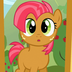 Size: 800x800 | Tagged: safe, screencap, babs seed, earth pony, pony, g4, one bad apple, season 3, :o, adorababs, animated, big eyes, blinking, cropped, cute, dilated pupils, female, filly, foal, freckles, looking at you, open mouth, solo, tail, tailboner, zoom