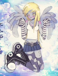 Size: 1373x1800 | Tagged: safe, artist:fruitx2777, derpy hooves, human, g4, arm warmers, clothes, converse, female, humanized, panties, pegasus wings, ripped stockings, shoes, skirt, solo, stockings, tank top, thigh highs, torn clothes, underwear, winged humanization, wings