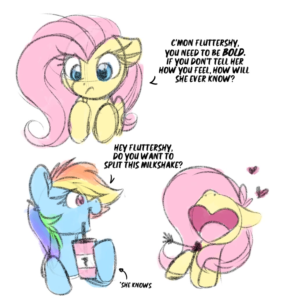 [comic,dialogue,duo,female,flutterdash,fluttershy,heart,lesbian,milkshake,open mouth,pegasus,pony,rainbow dash,safe,shipping,simple background,sketch,white background,smiling,heart shaped,floating heart,open smile,cupid arrow,artist:lbrcloud]