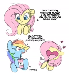Size: 1994x2104 | Tagged: safe, artist:lbrcloud, fluttershy, rainbow dash, pegasus, pony, g4, comic, cupid arrow, dialogue, duo, female, floating heart, heart, heart shaped, lesbian, milkshake, open mouth, open smile, ship:flutterdash, shipping, simple background, sketch, smiling, white background