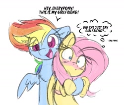 Size: 1989x1686 | Tagged: safe, artist:lbrcloud, fluttershy, rainbow dash, pegasus, pony, g4, blushing, cute, dashabetes, dialogue, duo, eye clipping through hair, female, gay panic, hug, lesbian, mare, open mouth, open smile, ship:flutterdash, shipping, shyabetes, simple background, smiling, speech bubble, talking to viewer, thought bubble, white background