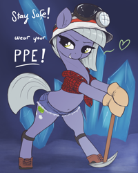 Size: 2400x3000 | Tagged: safe, alternate version, artist:t72b, limestone pie, earth pony, pony, g4, bedroom eyes, belly button, bipedal, bipedal leaning, boots, clothes, daisy dukes, gloves, goggles, goggles on head, grin, headlamp, heart, heart eyes, helmet, high res, knee pads, leaning, pickaxe, plaid shirt, safety first, shirt, shoes, shorts, smiling, solo, spread legs, spreading, stupid sexy limestone pie, wingding eyes