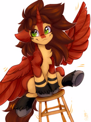 Size: 1200x1600 | Tagged: safe, artist:falafeljake, oc, oc only, alicorn, pony, alicorn oc, chest fluff, commission, cute, eyebrows, eyebrows visible through hair, horn, ocbetes, signature, simple background, sitting, smiling, solo, spread wings, stool, unshorn fetlocks, white background, wings, ych result