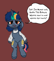 Size: 806x910 | Tagged: safe, artist:nootaz, oc, oc only, oc:minnie static, unicorn, semi-anthro, arm hooves, bipedal, clothes, overalls, red background, simple background, solo, speech bubble