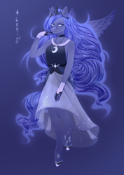 Size: 1060x1500 | Tagged: safe, artist:keeiwo, princess luna, anthro, unguligrade anthro, g4, blue background, clothes, dress, ethereal mane, female, hand on cheek, jewelry, necklace, signature, simple background, solo, spread wings, wings