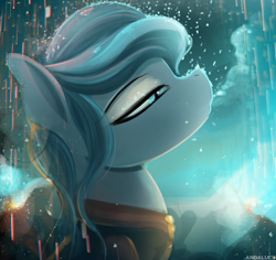 Size: 2500x2364 | Tagged: safe, artist:andaluce, oc, oc:haze northfleet, pony, abstract background, bust, clothes, female, high res, hoodie, mare, rain, solo