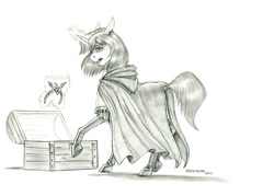 Size: 1500x1076 | Tagged: safe, artist:baron engel, pony, unicorn, alicorn amulet, cloak, clothes, dungeons and dragons, female, filly, foal, grayscale, magic, monochrome, pen and paper rpg, pencil drawing, ponified, rpg, sheila (dungeons and dragons), simple background, solo, teenager, telekinesis, traditional art, treasure chest, white background