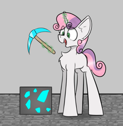 Size: 569x582 | Tagged: safe, artist:cotarsis, sweetie belle, pony, unicorn, g4, chest fluff, long legs, magic, minecraft, pickaxe, solo, telekinesis