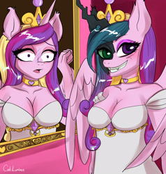 Size: 3247x3408 | Tagged: safe, artist:cali luminos, princess cadance, queen chrysalis, insect, anthro, g4, commission, fake cadance, female, here we go again, high res, mirror, reflection