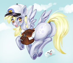 Size: 1012x868 | Tagged: safe, artist:dieingartist, derpy hooves, pegasus, pony, g4, :p, bag, blushing, bubble butt, butt, cloud, derp, female, hat, letter, looking at you, looking back, looking back at you, mailbag, mailmare, mailmare hat, mare, plot, sky, solo, tongue out
