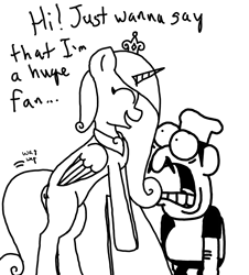 Size: 3023x3351 | Tagged: safe, artist:professorventurer, princess cadance, alicorn, human, pony, g4, black and white, counter, crossover, duo, fangirl, female, grayscale, high res, human and pony, human male, male, mare, monochrome, overwhelmed, peppino spaghetti, pizza tower, shocked, simple background, tail, tail wag, that pony sure does love pizza, white background