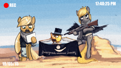 Size: 1645x919 | Tagged: safe, artist:rublegun, oc, oc only, earth pony, pegasus, pony, beard, clothes, desert, earth pony oc, face paint, facial hair, flag, hat, male, moustache, not applejack, pegasus oc, teapot, terrorist, top hat