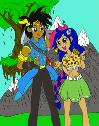 Size: 793x1008 | Tagged: safe, artist:jmkplover, artist:spiders123, oc, oc:mayday, oc:mayday parker sparkle, oc:ullr, human, spiders and magic: rise of spider-mane, bonds, braid, demi-god, dirt cube, friends, humanized, leaves, male, marvel, mountain, spider-man, sword, tree, weapon