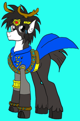 Size: 726x1101 | Tagged: safe, artist:jmkplover, artist:spiders123, oc, oc:ullr, deer, reindeer, antlers, barely pony related, blue background, cape, clothes, colored, cyan background, reindeer antlers, simple background, solo, stag