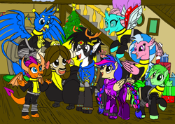 Size: 1024x724 | Tagged: safe, artist:jmkplover, artist:spiders123, gallus, ocellus, sandbar, silverstream, smolder, yona, oc, oc:mayday, oc:mayday parker sparkle, oc:ullr, changeling, deer, deer pony, dragon, earth pony, griffon, hippogriff, original species, pegasus, pony, reindeer, yak, spiders and magic: rise of spider-mane, g4, antlers, christmas, christmas tree, hearth's warming, holiday, marvel, present, reindeer antlers, stag, student six, tree, x-men