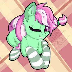 Size: 3312x3312 | Tagged: safe, artist:gleamydreams, minty (g4), earth pony, pony, g4, abstract background, clothes, cute, female, high res, looking at you, lying down, mare, one eye closed, prone, signature, smiling, smiling at you, socks, solo, striped socks, wink, winking at you