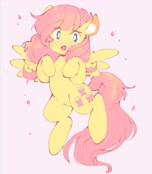 Size: 1031x1184 | Tagged: safe, artist:horseyuris, fluttershy, pegasus, pony, g4, blush sticker, blushing, cute, ear fluff, female, hooves to the chest, looking at you, mare, open mouth, open smile, shyabetes, simple background, smiling, solo, sparkles, spread wings, wings