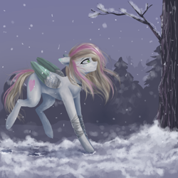 Size: 800x800 | Tagged: safe, artist:alicesmitt31, oc, oc only, pegasus, pony, bandage, bandaged leg, colored wings, facial markings, female, mare, multicolored wings, pegasus oc, snow, snowfall, solo, tree, wings