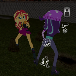 Size: 486x486 | Tagged: safe, starlight glimmer, sunset shimmer, human, fighting is magic, equestria girls, g4, arms, beaten up, beating, boots, clothes, female, fight, fingers, game, grand theft auto, gta san andreas, hand, jeans, leather, leather vest, legs, long hair, mobile game, mod, pants, ripped jeans, ripped pants, shirt, shoes, short sleeves, shoulderless, skirt, standing, sunset vs starlight, teenager, top, torn clothes, vest