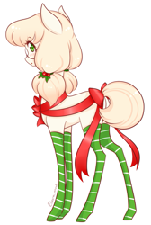 Size: 603x900 | Tagged: artist needed, source needed, safe, oc, oc only, earth pony, pony, christmas, clothes, earth pony oc, female, glasses, hair tie, holiday, long legs, ribbon, round glasses, simple background, socks, solo, thin legs, white background