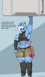 Size: 859x1449 | Tagged: safe, artist:mopyr, oc, oc only, oc:moosin, original species, anthro, abs, black sclera, clothes, femboy, gloves, horn, lifting, long gloves, looking at you, male, muscles, muscular femboy, muscular male, refrigerator, skintight clothes, solo, strong, talking to viewer, wide hips