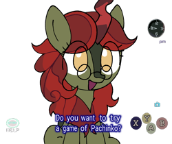Size: 858x720 | Tagged: safe, artist:omelettepony, oc, oc only, oc:pine pyre, kirin, pony, buttons, camera, clock, female, glasses, mare, open mouth, open smile, ponified, ryo hazuki, simple background, smiling, solo, talking, talking to viewer, text, transparent background