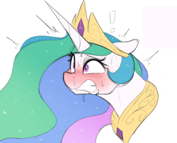 Size: 660x532 | Tagged: safe, artist:welost, princess celestia, alicorn, pony, g4, blushing, blushing profusely, bust, crown, ears back, exclamation point, female, gritted teeth, jewelry, mare, peytral, portrait, regalia, simple background, solo, sweat, sweatdrop, teeth, white background, wide eyes