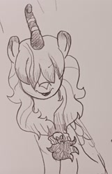 Size: 1315x2048 | Tagged: safe, artist:pony quarantine, oc, oc:kaumaha ekahi, kirin, female, grayscale, hair over eyes, kirin oc, lipstick, looking at you, mare, monochrome, pencil drawing, smiling, smiling at you, solo, traditional art